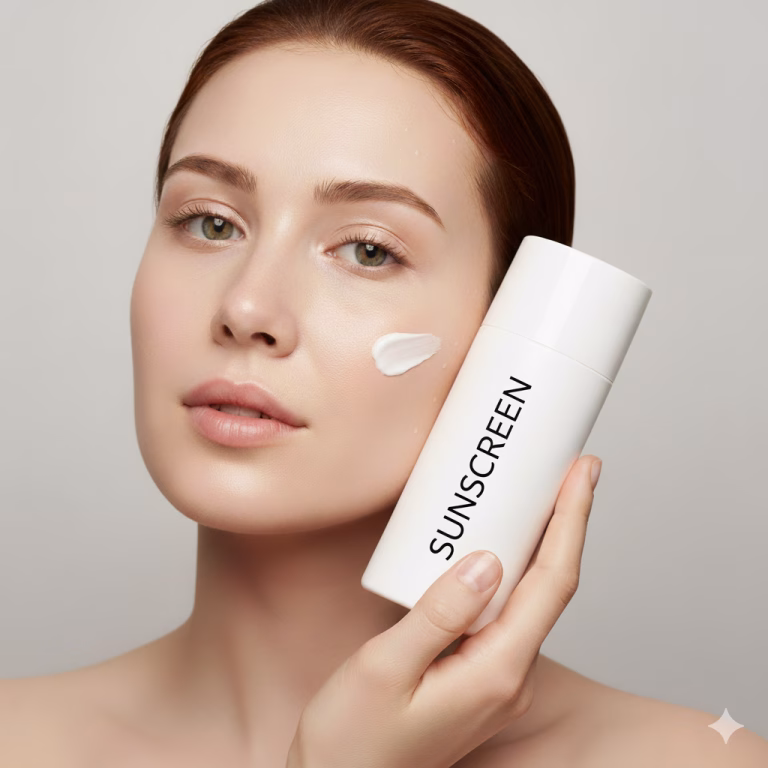 model holding a sunscreen bottle which depicts the best sunscreens for sensitive skin